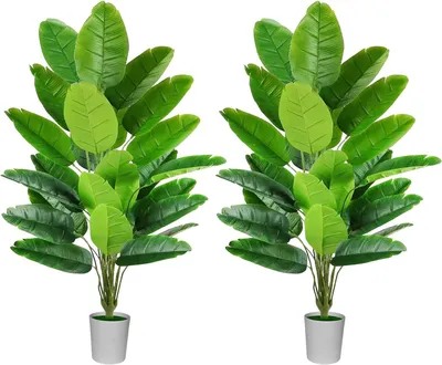Image de Arbre de bananier artificiel, 113 cm, lot de 2, avec 24 feuilles, idéal pour le salon