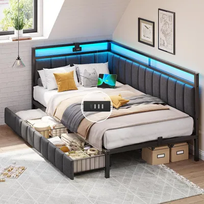 Image de Lit pour enfant 90x190 cm, gris foncé, avec éclairage LED et station de charge USB, 2 tiroirs