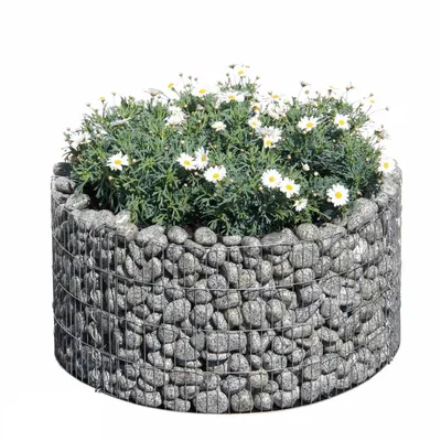 A round gabion planter filled with green plants and white flowers, set against a white background.