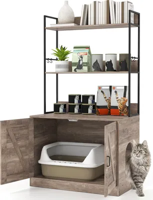 Produktbild von COSTWAY Katzenschrank mit Bücherregal, Katzenklo Schrank für Katzentoilette, Katzenhaus mit 3-stufigen Regalen, 4 Haken & Eingang, Katzenmöbel Grau