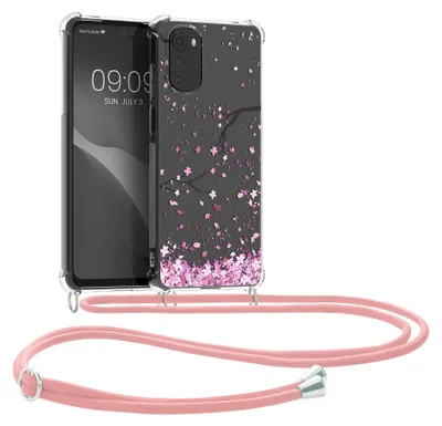 Produktbild von kwmobile Necklace Case kompatibel mit Motorola Moto E32 / Moto E32s Hülle - Silikon Cover mit Handykette - Rosa Dunkelbraun Transparent