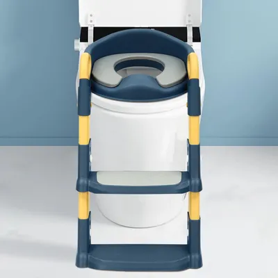 A child's toilet training seat with a built-in ladder is placed on top of a toilet.