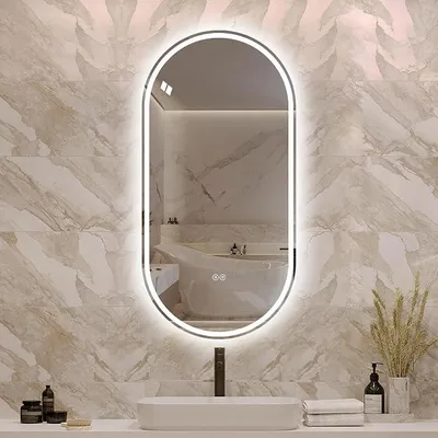 Produktbild von Ovaler Badezimmerspiegel, rahmenlos, 60x120 cm, mit Touchscreen, Anti-Beschlag-Funktion, doppelter Beleuchtung, dimmbar, 3 Lichtfarben, bleifrei, geeignet für Badezimmer, Schlafzimmer, Flur, Friseursalon