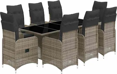 Image de vidaXL Ensemble de jardin bistrot 9 pièces avec coussins Gris Poly rotin