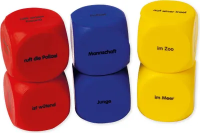 Produktbild von TimeTEX Set Flüster-Würfel 6-tlg. Deutsch "Geschichten-Einstieg", 4 cm