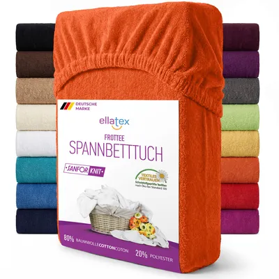 Produktbild von EllaTex Frottee Spannbettlaken 90x200 – 100x200 Baumwolle – weich, warm & elastisch, Spannbetttuch mit Rundumgummi, in Farbe: Orange
