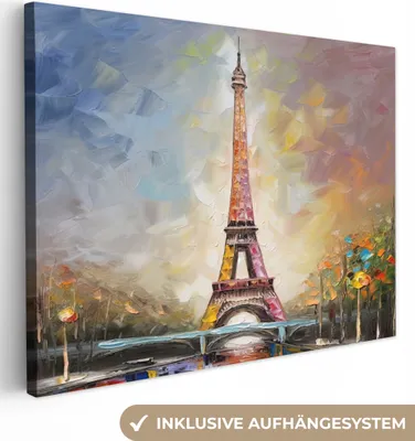 Produktbild von MuchoWow® - Leinwandbilder - Eiffelturm - Ölgemälde - Paris, Wandbild, Wanddeko Bilder Wohnzimmer, 80x60 cm