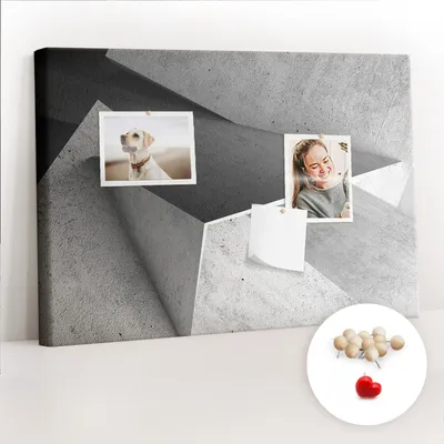 Obrázek produktu pro Korková nástěnka s kolíčky - Tabule s kolíky pro fotografie a poznámky - 60x40 cm - Připínáčky dřevěné 100 kusů - Abstraktní trojúhelníky