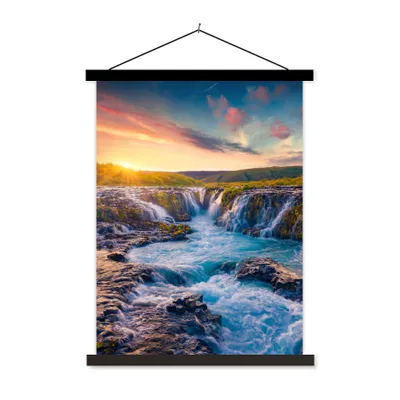 Produktbild von MuchoWow® Textilposter Wasserfall - Pflanzen - Moos - Landschaft - Sonnenuntergang - Fels 120x160 cm mit schwarzem Rahmen - Magnetischer