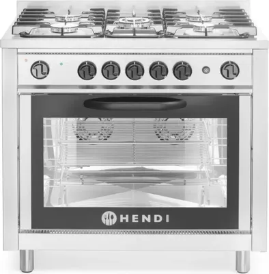 Image de HENDI Cuisinière à gaz - 5 zones de cuisson avec four électrique, Kitchen Line, Argent, 230V/2900W, 14,3kW, 900x653x(H)900mm