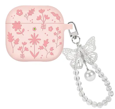 Zdjęcie produktu dla Etui do AirPods 4 2024 różowe silikonowe kwiaty z brelokiem motyl perły