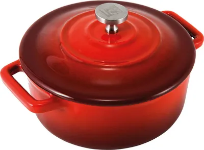A red enameled cast iron pot with a silver lid handle.