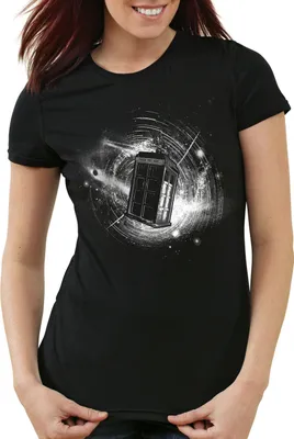 Produktbild von style3 In Space Damen T-Shirt zeitreise serie polizei notrufzelle, Größe:L