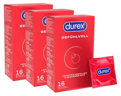Produktbild von Durex Gefühlvoll Kondome – anatomische Easy-On-Form, mit viel Silikongleitgel, reguläre Passform 48 Kondome (3 x 16 Stück)