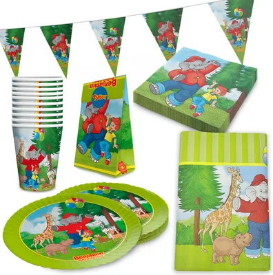 Produktbild von Benjamin Blümchen Partyset 102-tlg – Geschirr, Servietten, Tischdeko & 20 Tüten