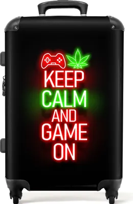 Produktbild von NoBoringSuitcases.com® Großer Koffer - Gaming - Neon - Ruhe bewahren und weiterspielen - Rot - Text - Kombinationsschloss TSA - Hartschalen Trolley 4 Rollen - 72 liter - Reisekoffer - 66 cmKoffer Mittelgroß 67x43x25 cm, 72L,