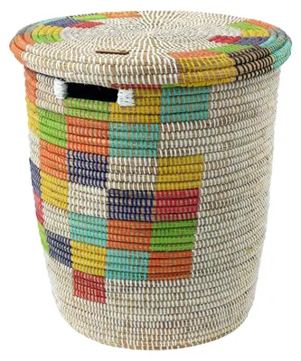 Zdjęcie produktu dla Koszyk na pranie z pokrywą, pojemność 42 litry, wymiary 35 x 43 x 35 cm, ręcznie pleciony z trawy savanny