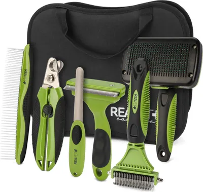 Produktbild von REAVET Professionelles Hundebürste Fellpflege-Set für Hunde & Katzen I Pflegeset 6-teilig I Hundebürste, Entfilzungsbürste, Unterwollbürste, Flohkamm, Krallenschere & Pflegetasche
