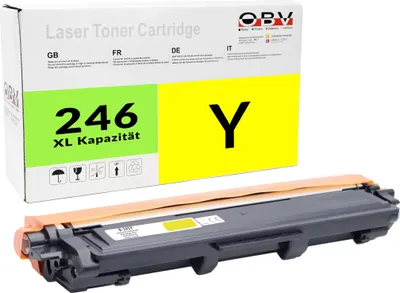 A yellow toner cartridge and its packaging are displayed against a white background.