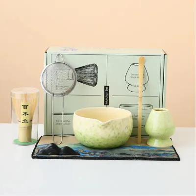 Produktbild von Matcha Set Tea (7-teilig) Keramik, Bambus Matcha Schneebesen, handgemachte Schale, Sieb & Zubehör für traditionelle Teezeremonien