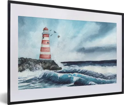 Produktbild von MuchoWow® MuchoWow® Gerahmtes Poster Leuchtturm - Meer - Golf 60x40 cm - Poster mit zchwarzem Bilderrahmen - Schlafzimmer - Plakat in Rahmen - Drucken