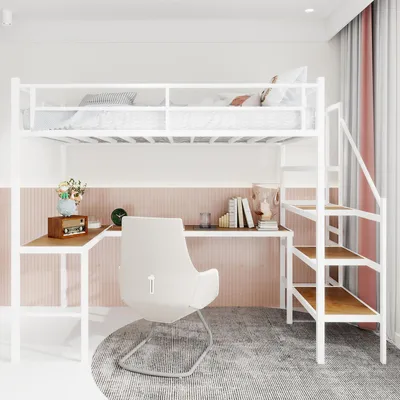 Produktbild von Sweiko Hochbett mit L-förmigem Schreibtisch, großem Stauraum und Ablagefächern, stabilem Bettrahmen mit Treppe, durchgehendem Gurtgeländer, platzsparend, geräuschlos, keine Elefantenfedern erforderlich