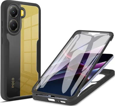 A phone case is shown from two angles, one showing the back and side of the case, and the other showing the case with a phone inside.