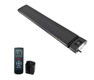 A black infrared patio heater with a remote control and wall mount is displayed against a white background.