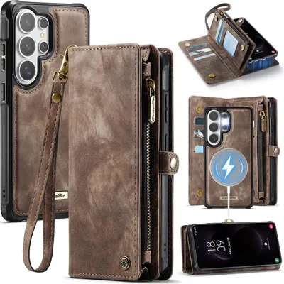 Produktbild von Schutzhülle für Samsung Galaxy S26 Ultra, Vintage Multifunktions Lederhülle, Kartenfächer, Reißverschluss Hülle Braun