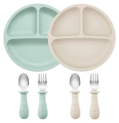 Immagine prodotto di Set di 2 piatti in silicone antiscivolo per bambini, con posate in acciaio inossidabile