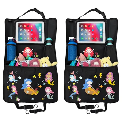 Produktbild von 2x HECKBO Kinder Autositz Rückenlehnenschutz Organizer mit verstellbarer Tablet Tasche, Aufbewahrung für Zubehör – Meerjungfrau Motiv - universal - 70x45cm – inkl. Getränkehalter + Aufbewahrungsnetz