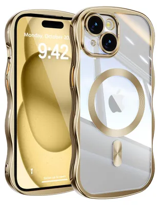Obrázek produktu pro Magnetické Pouzdro pro iPhone 15, průhledný nárazuvzdorný bumper s vlnitým designem a ochranou fotoaparátu Zlato