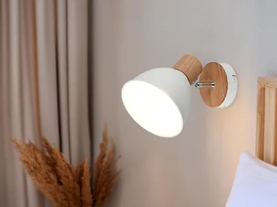 Produktbild von LED Retro Wandstrahler Metall Weiß & Holzoptik für Wohnzimmer & Flur, Höhe 19cm