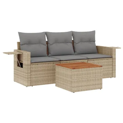 Produktbild von Modulare Garten-Sofagarnitur, 4-teilig, PE-Rattan, Akazienholz-Tisch, Stauraum, wasserabweisender Beutel, Kissen Hellgrau, Beigemischung