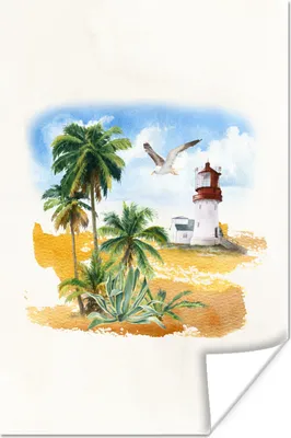 Produktbild von MuchoWow® Poster Leuchtturm - Vogel - Palmen - Strand 20x30 cm - Papierdruck