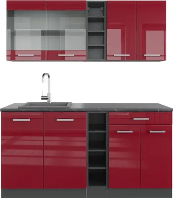 A modern kitchen cabinet set with a sink and faucet.