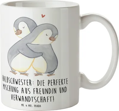 Produktbild von Mr. & Mrs. Panda Becher Halbschwester Glück - Weiß - Geschenk, Henkelpott, Freundin, Bindung, Geschenktasse, Teetasse, Familie, Patchworkfamilie, Liebe, Kaffeetasse