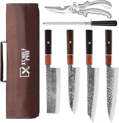 Productafbeelding van Professionele Japanse Messenset Kiritsuke Gyutou Santoku Nakiri van Handgesmeed Koolstofstaal met Pluimveeschaar en Draagtas voor Keuken