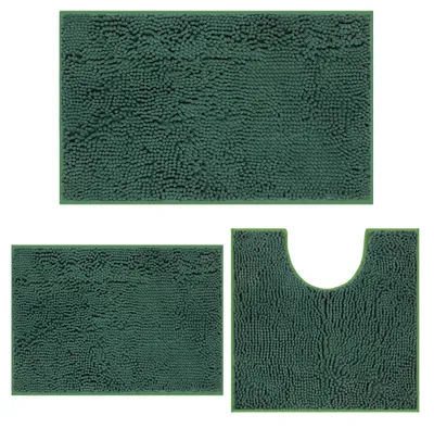 Produktbild von Chenille-Badematten-Set, 3-teilig, bestehend aus einer ultraweichen Badematte und einer U-förmigen WC-Matte, rutschfest, waschbar, für Bad, WC, Wohnzimmer und Schlafzimmer, dunkelgrün