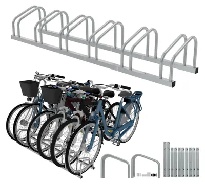 Produktbild von Fahrradständer Boden für 6 Fahrräder,Mehrfachständer für 30-65mm Reifenbreite, Galvanisierter Stahl Fahrradhalter, Boden und Wandmontage,Silber