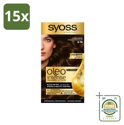 Obrázok produktu pre 15 ks farby na vlasy SYOSS Oleo Intense 4-18, trvalá farba – mokka hnedá – balenie s rezervou – 15 kusov