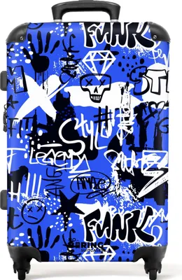 Produktbild von NoBoringSuitcases.com® Großer Koffer - Schwarzes und weißes Graffiti auf blauem Hintergrund - Kombinationsschloss TSA - Hartschalen Trolley 4 Rollen - 72 liter - Reisekoffer - 66 cmKoffer Mittelgroß 67x43x25 cm, 72L,