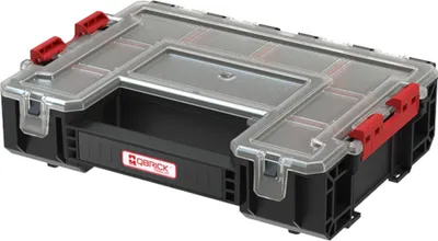 A black and clear plastic organizer box with red latches, shown from a slightly elevated diagonal angle on a white background.
