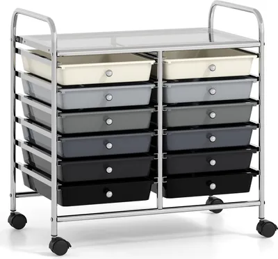 Produktbild von COSTWAY Rollwagen mit 12 stapelbaren Schubladen, Schubladenwagen Rollcontainer mit Metallgestell & Ablagefläche 64 x 38 x 62 cm
