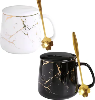 Produktbild von 2er Set Kaffeetassen 380ml Keramik, Espressotassen Marmor Kaffeetassen für Tee, Kaffee, Milch, Cappuccino, mit Deckel und Deckel, Frauengeburtstage, Valentinstag, Muttertag, Hochzeit, Geschenke