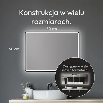 Zdjęcie produktu dla Lustro łazienkowe LED TALOS 80x60 cm - lustro łazienkowe odpowiednie do wilgotnych pomieszczeń z oświetleniem matowa czarna aluminiowa rama lustro ścienne z ramą świetlną