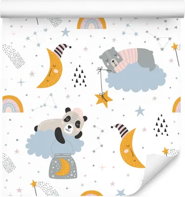 Obrázok produktu pre 10m VLIES WALLPAPER rolka škôlka mesiace hviezdy mraky pandy medvede XXL