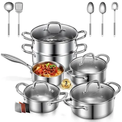 Produktbild von Topfset Edelstahl 3-PLY 15-teilig Induktion für alle Herdarten mit Dampfgarer & Kochutensilien