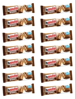 Productafbeelding van Hanuta Riegel, wafelreep met hazelnoot-magere melkcrème, 34g, verpakking van 14 stuks