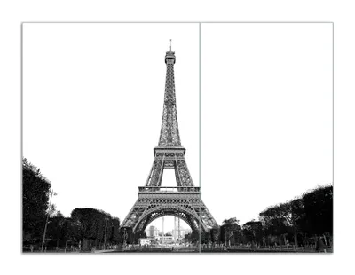 Produktbild von Wallario Herdabdeckplatte aus Glas, Größe 70 x 52 cm 2-teilig, Motiv Eiffelturm in Paris - schwarz weiß